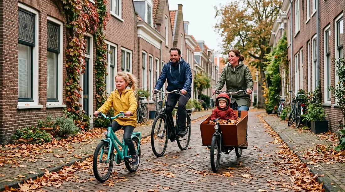 Gezin fietst door een herfstige woonwijk
