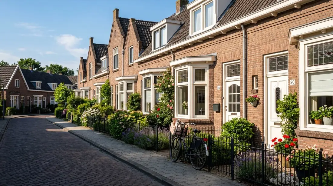 Rij jaren-dertig-huizen in de ochtendzon