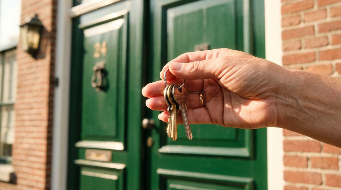 Hand met huissleutels voor een groene voordeur