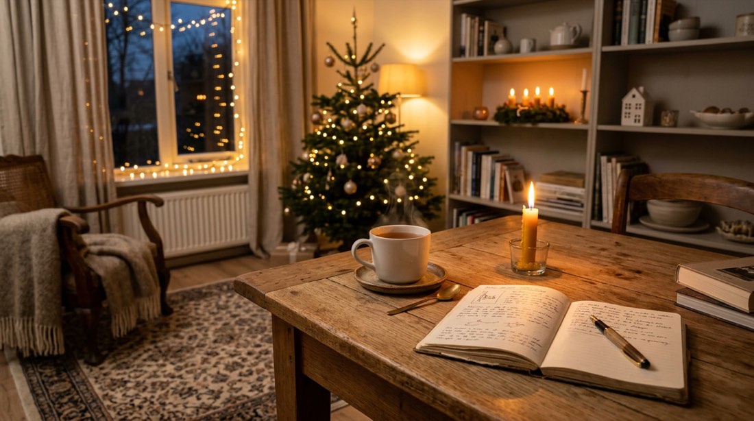 Winterse eettafel met thee en een brandende kaars
