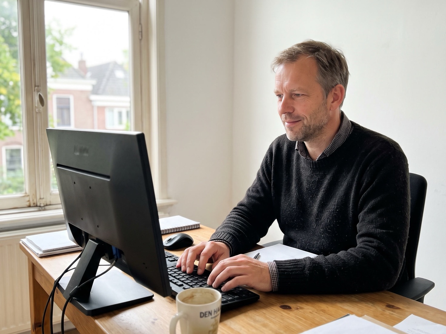 Financieel adviseur werkt geconcentreerd achter zijn bureau in een rustig advieskantoor bij het raam