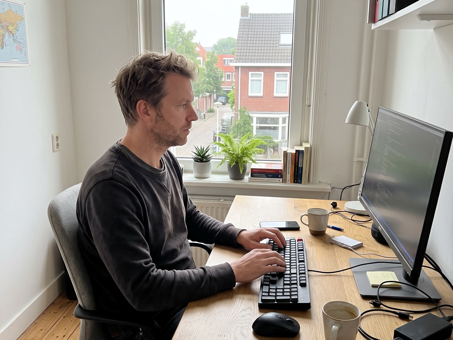 Financieel adviseur werkt achter een bureau in een rustig advieskantoor