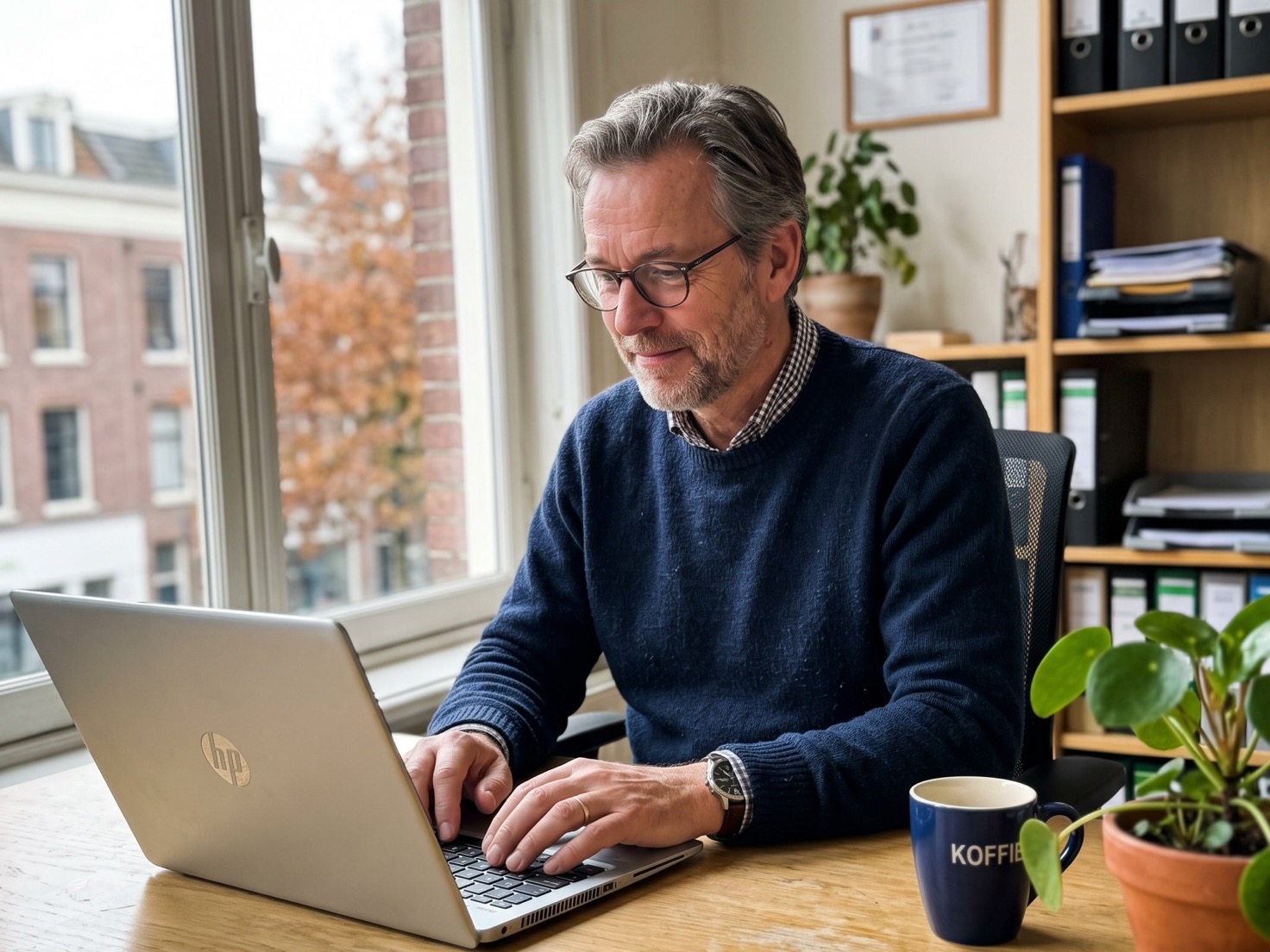 Financieel adviseur werkt achter een licht houten bureau in een rustig Nederlands advieskantoor