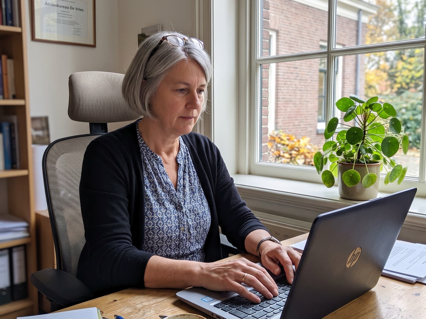 Financieel adviseur werkt achter haar bureau op een laptop in een rustig advieskantoor