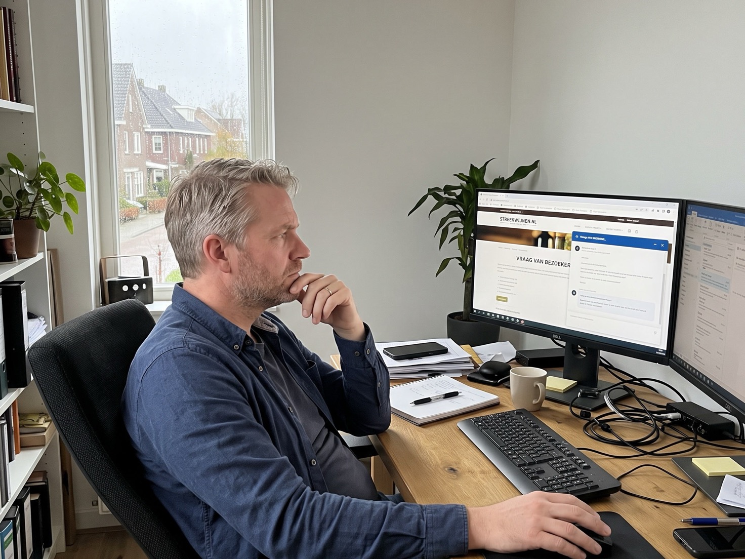 Financieel adviseur kijkt geconcentreerd naar zijn beeldscherm nadat een vraag via de website is binnengekomen