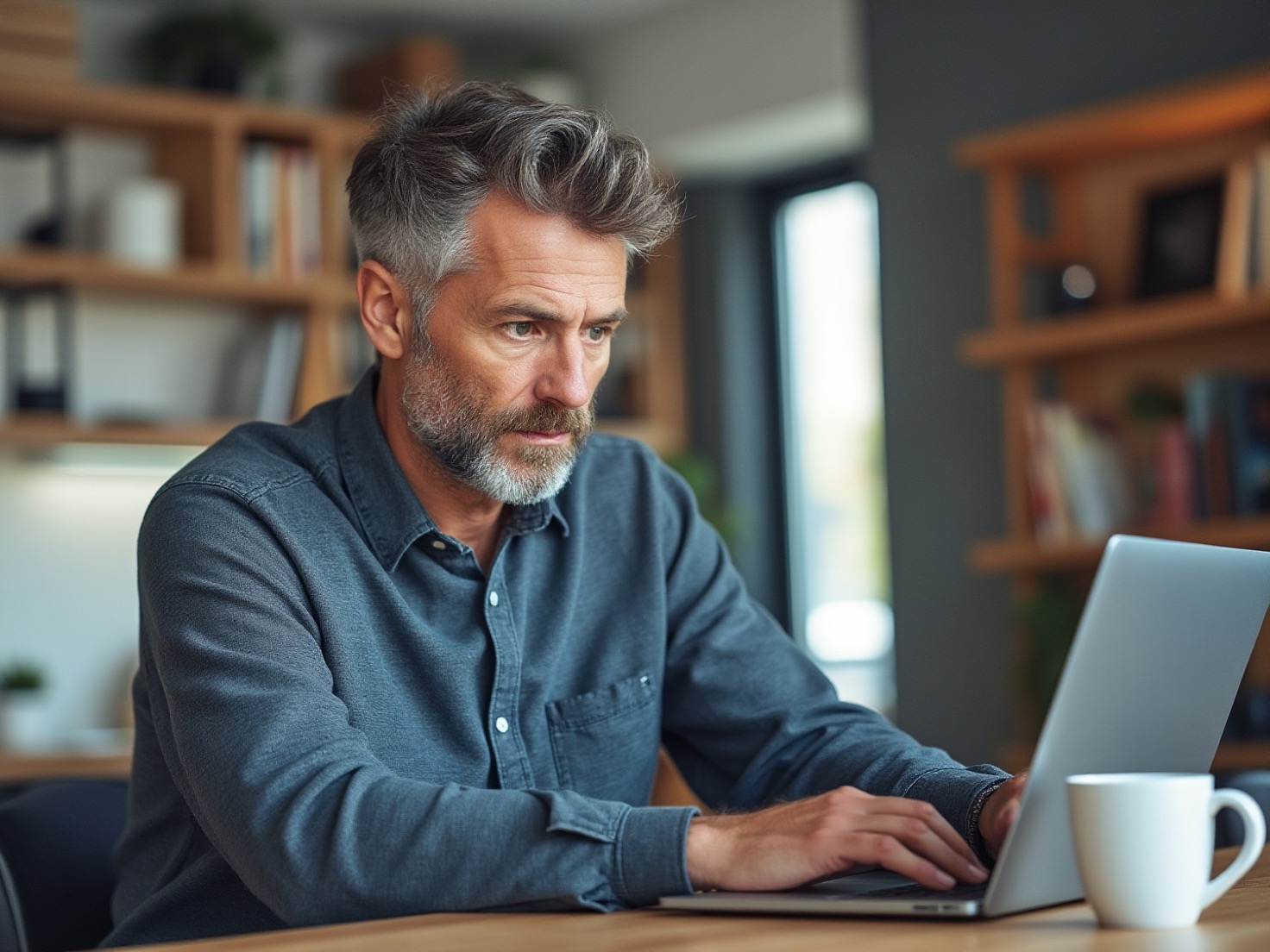 Financieel adviseur werkt aan zijn bureau aan nieuwsbriefonderwerpen op een laptop