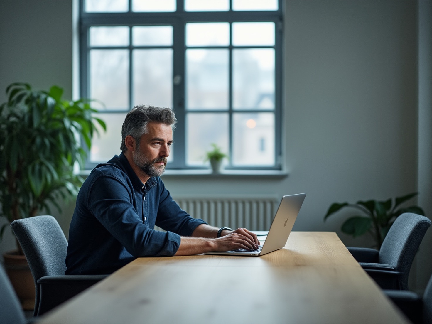 Financieel adviseur werkt aan een laptop een AI-tekst bij aan een overlegtafel