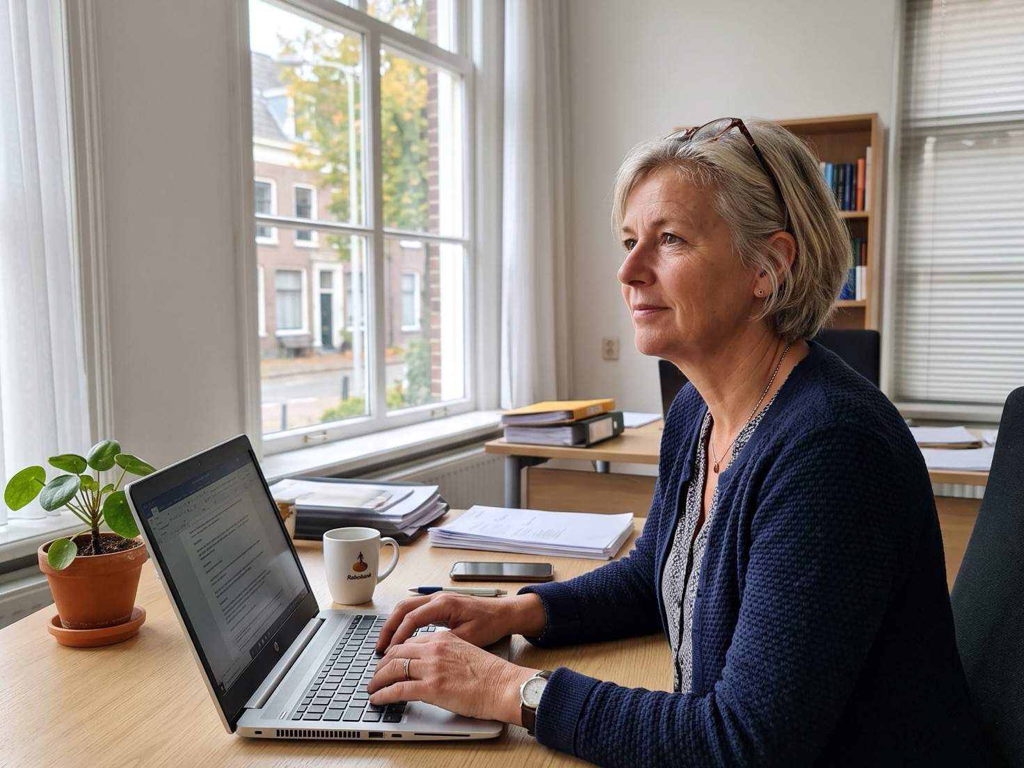 Financieel adviseur werkt aan een nieuwsbrief achter haar bureau in een rustig advieskantoor