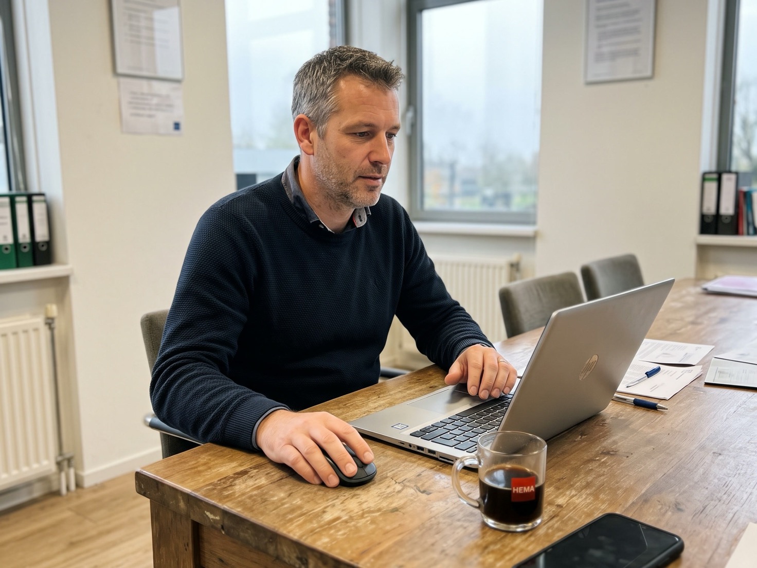 Financieel adviseur werkt achter een laptop aan de overlegtafel van zijn advieskantoor