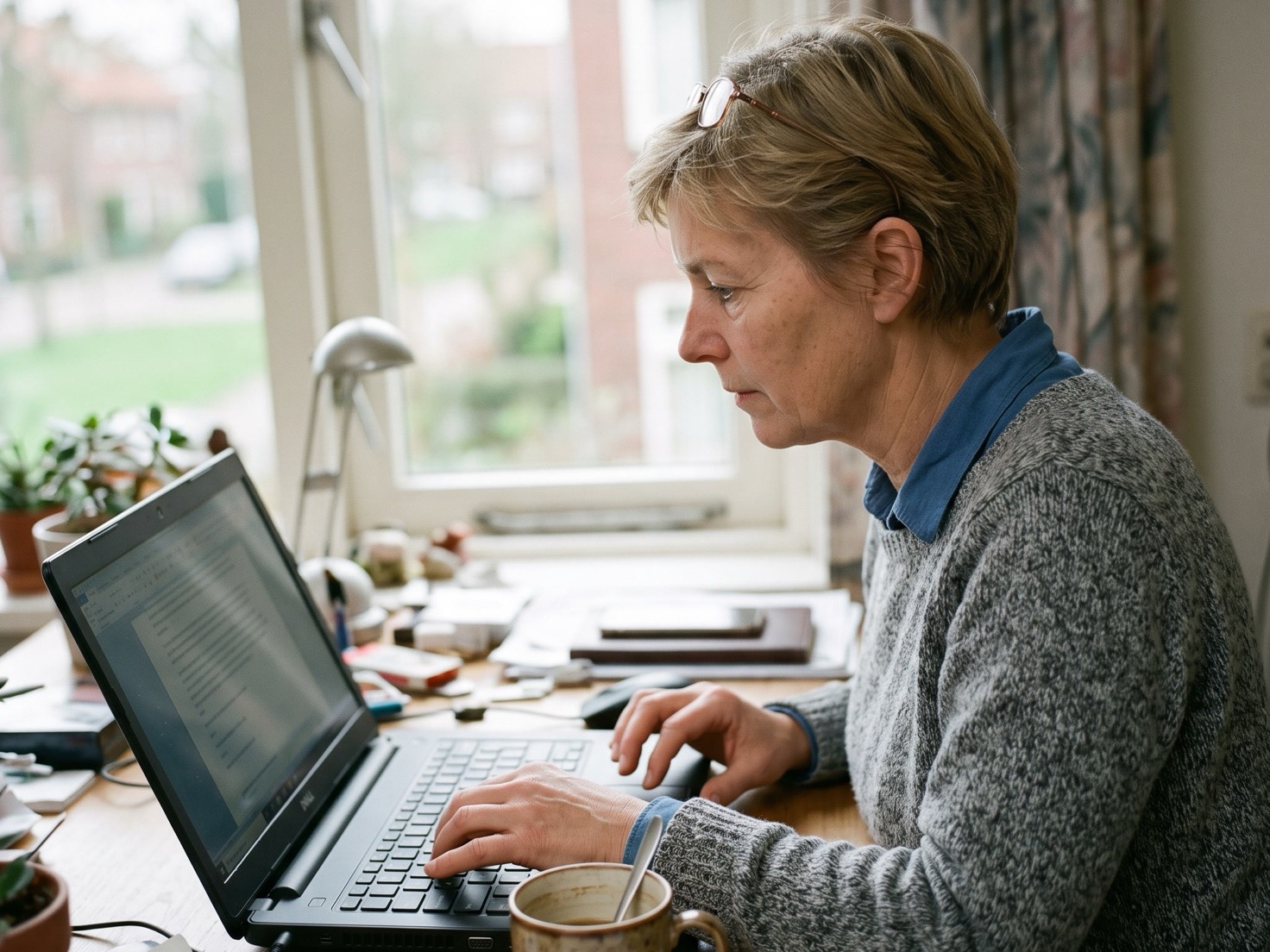 Adviseur leest op haar laptop een tekst na voordat ze die verstuurt