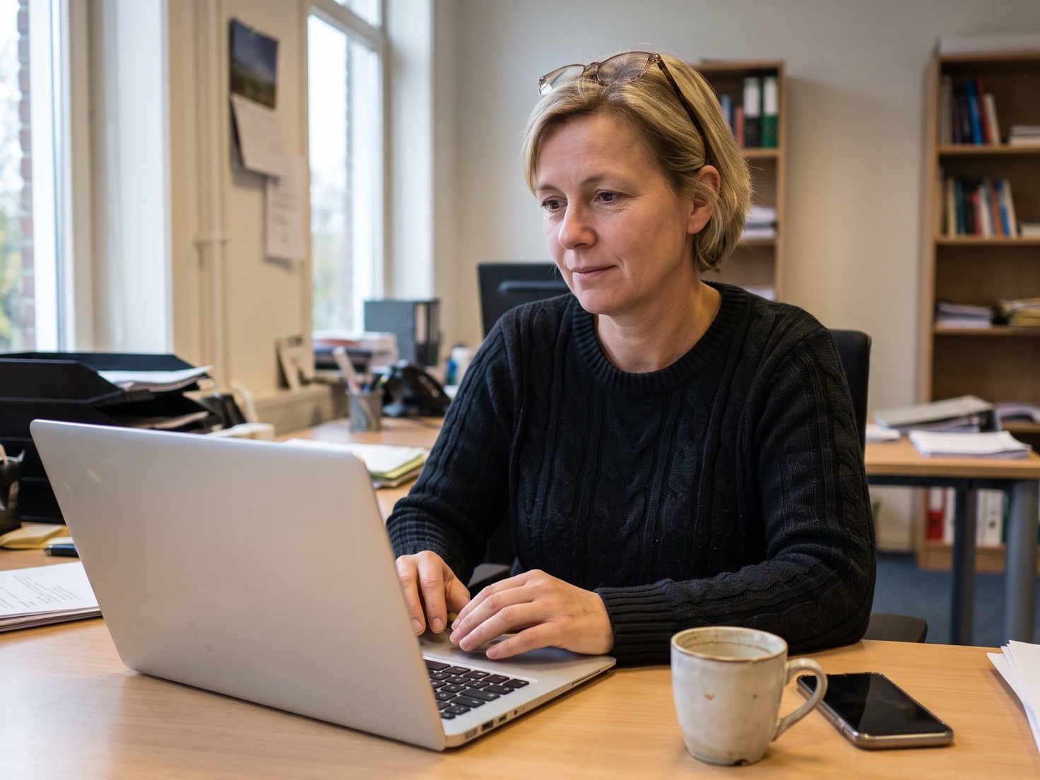 Financieel adviseur achter haar bureau, laptop met de achterkant naar de camera, in een rustig advieskantoor