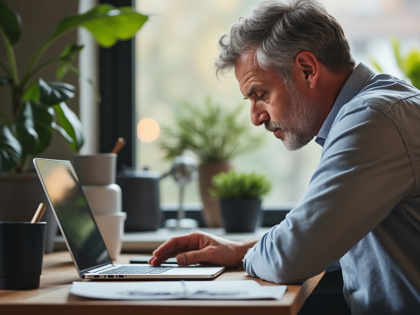 Financieel adviseur achter zijn laptop in een rustig advieskantoor, geconcentreerd aan het werk