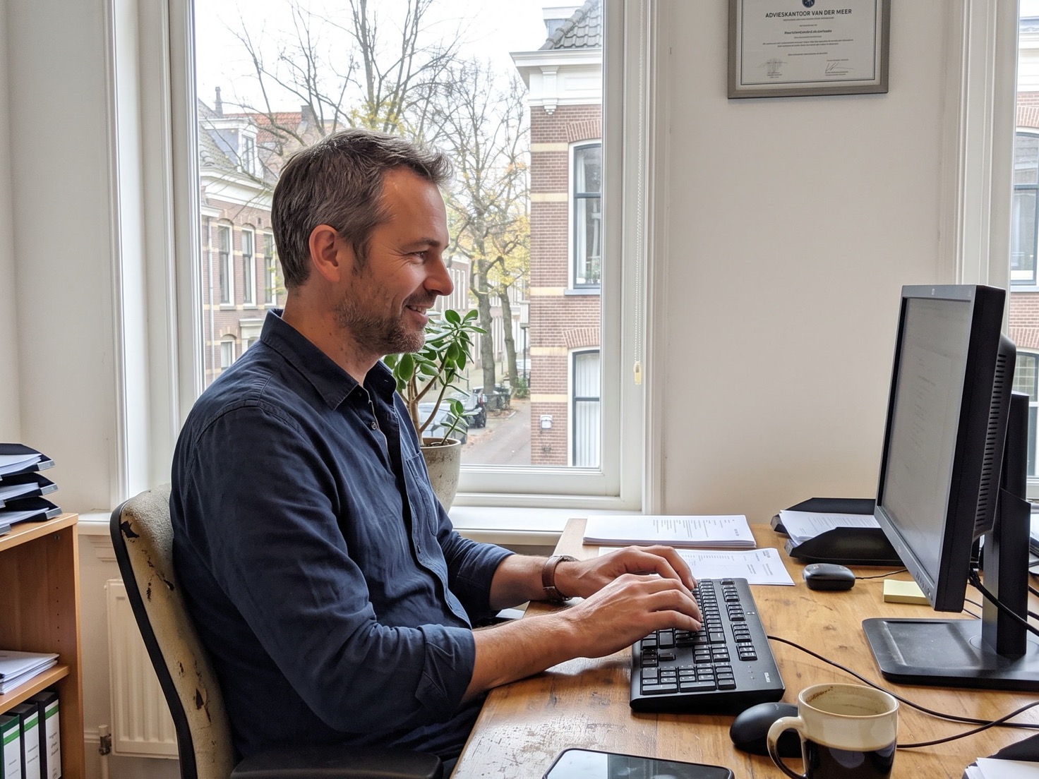 Financieel adviseur werkt achter zijn bureau in een rustig advieskantoor, scherm van de camera af