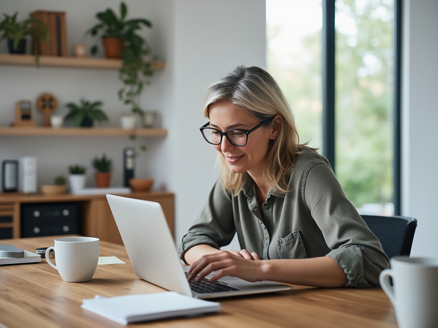 Financieel adviseur werkt aandachtig aan een laptop in een rustig Nederlands advieskantoor