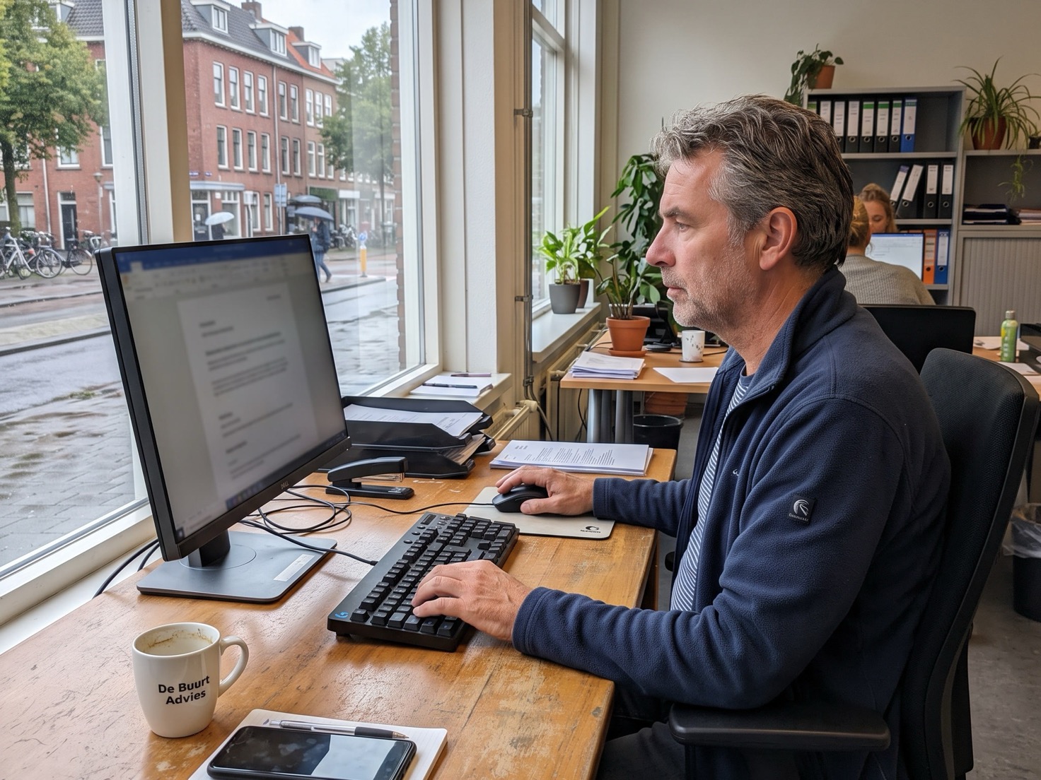 Financieel adviseur werkt achter zijn bureau in een advieskantoor bij een groot raam