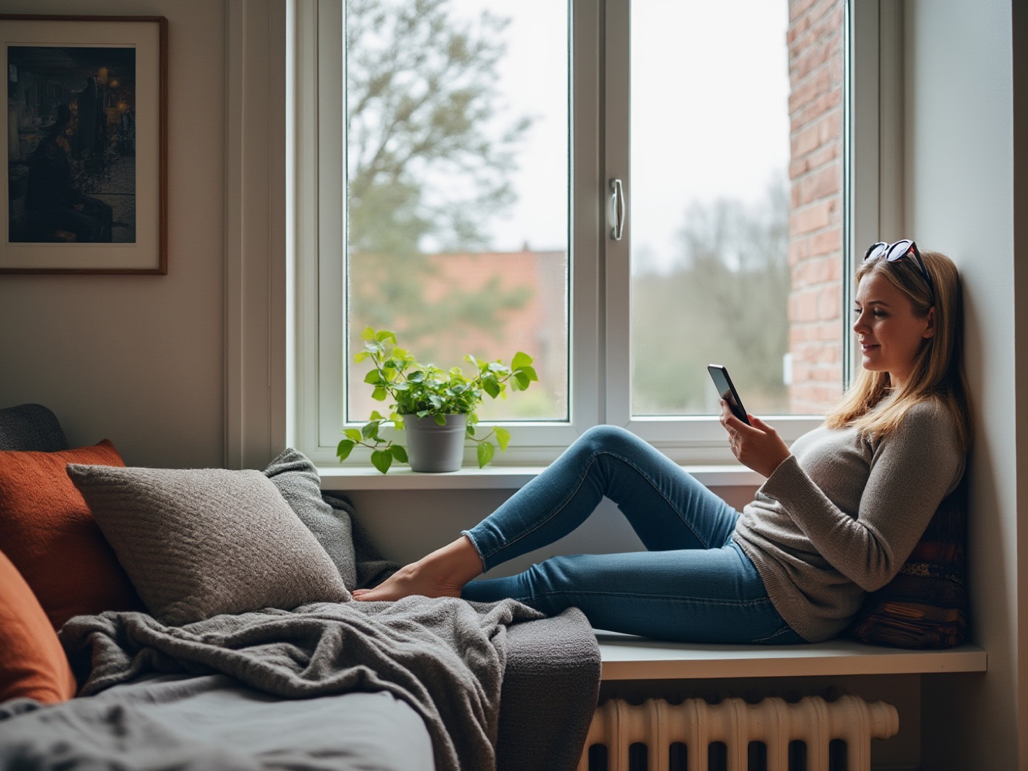 Financieel adviseur bekijkt opnames op haar telefoon bij het raam