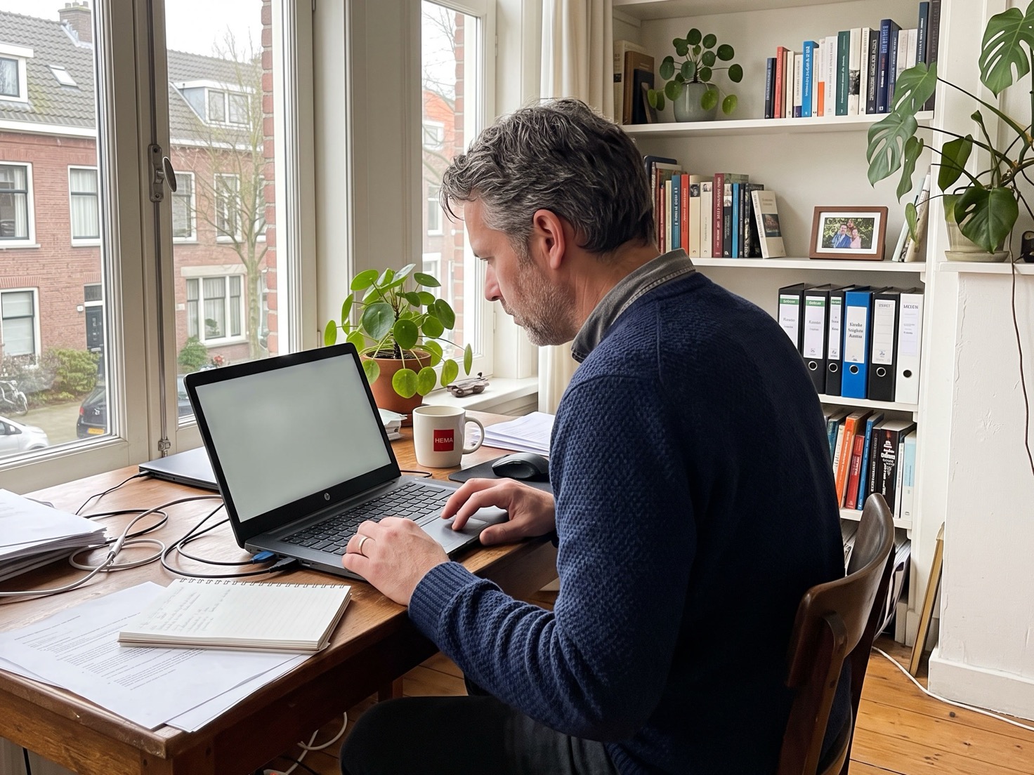 Financieel adviseur werkt geconcentreerd achter een laptop, gezien over de schouder in een rustig kantoor