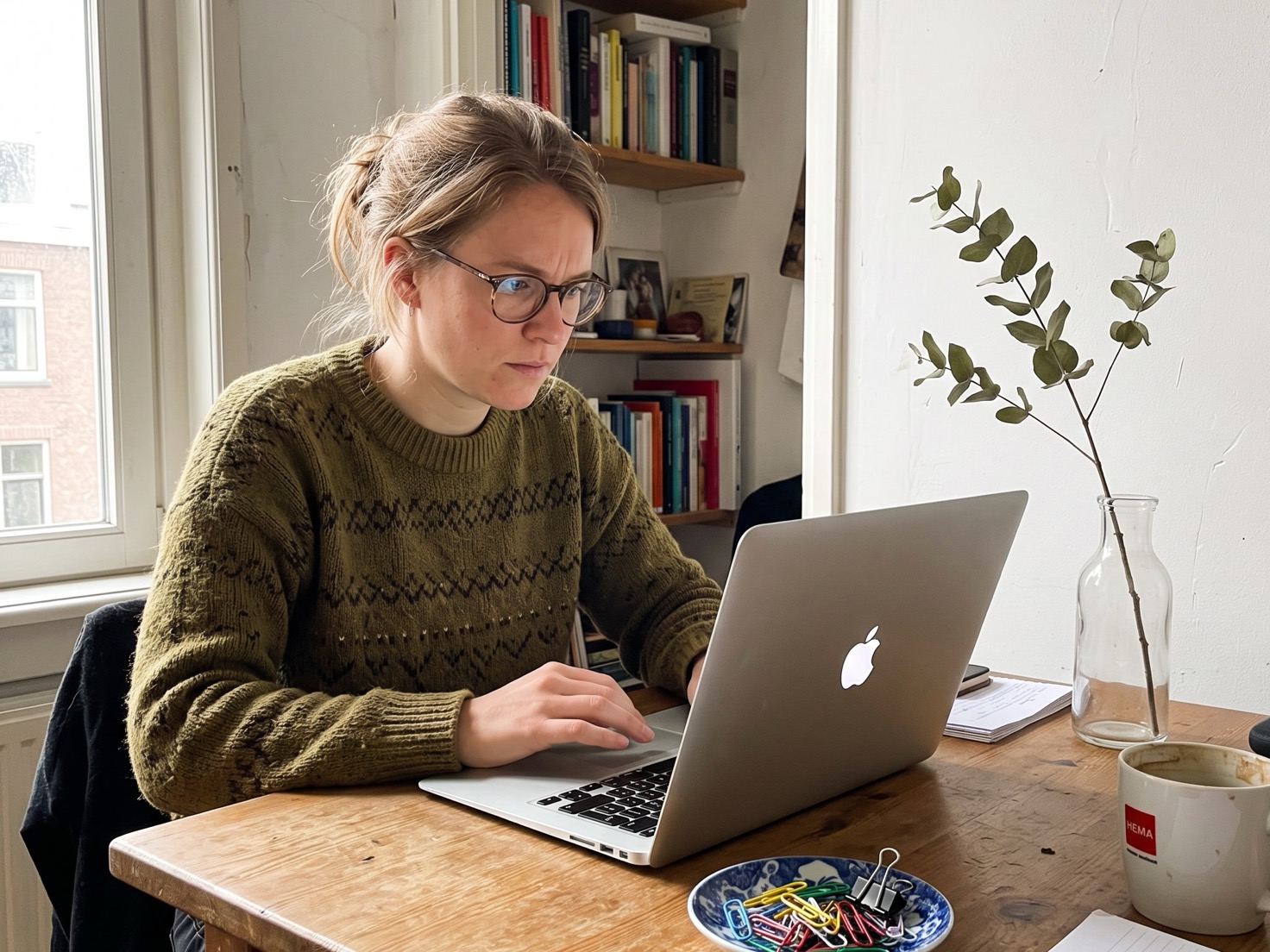 Adviseur werkt aan haar bureau bij het raam aan korte uitleg van financiële begrippen