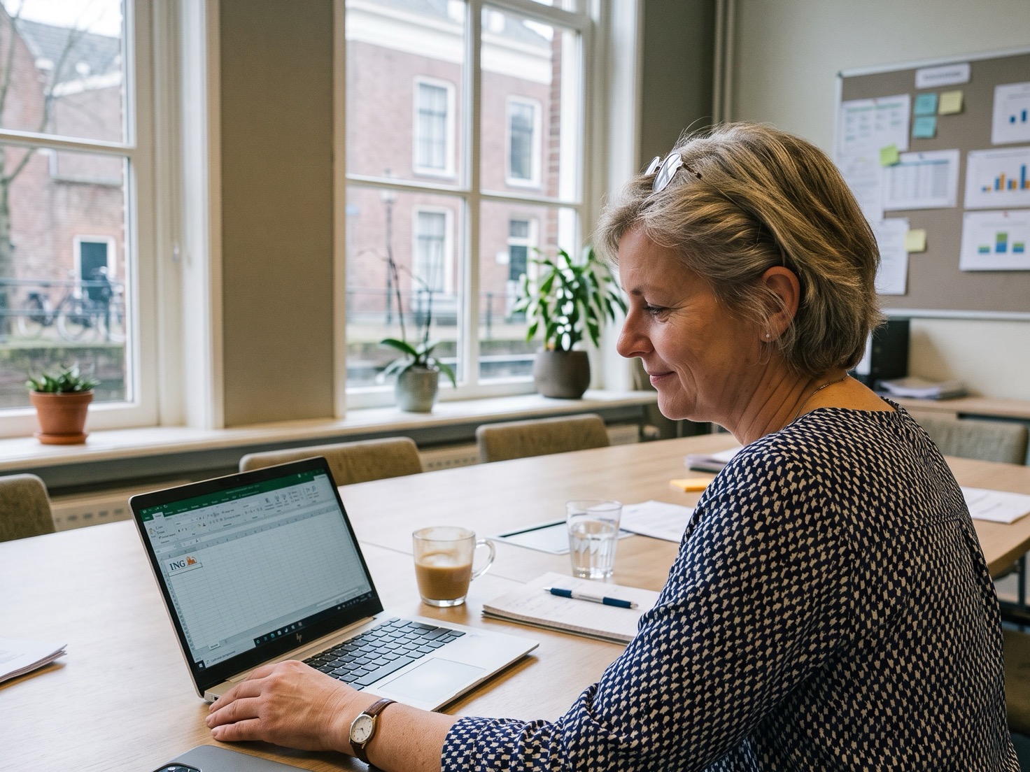 Financieel adviseur van rond de 55 zit aan een overlegtafel in een advieskantoor, half afgewend achter haar laptop met de telefoon naast haar hand
