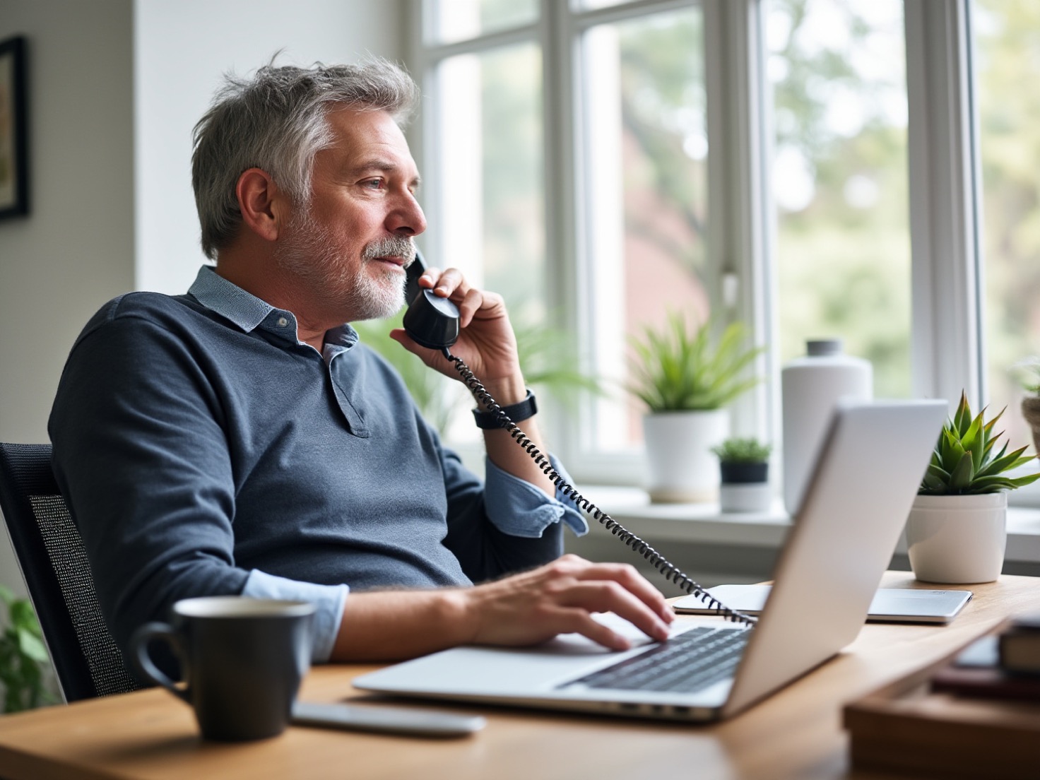Financieel adviseur belt aan het bureau een klant in een rustig kantoor