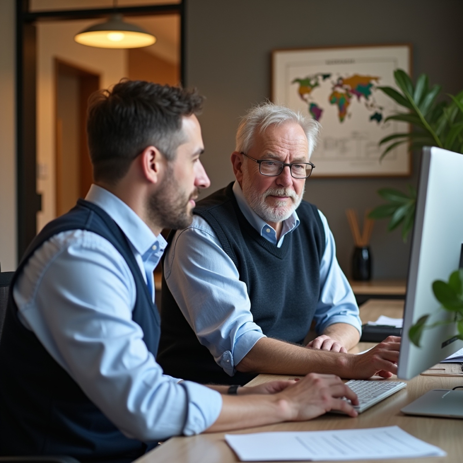 Financieel adviseur werkt geconcentreerd achter een bureau in een rustig advieskantoor