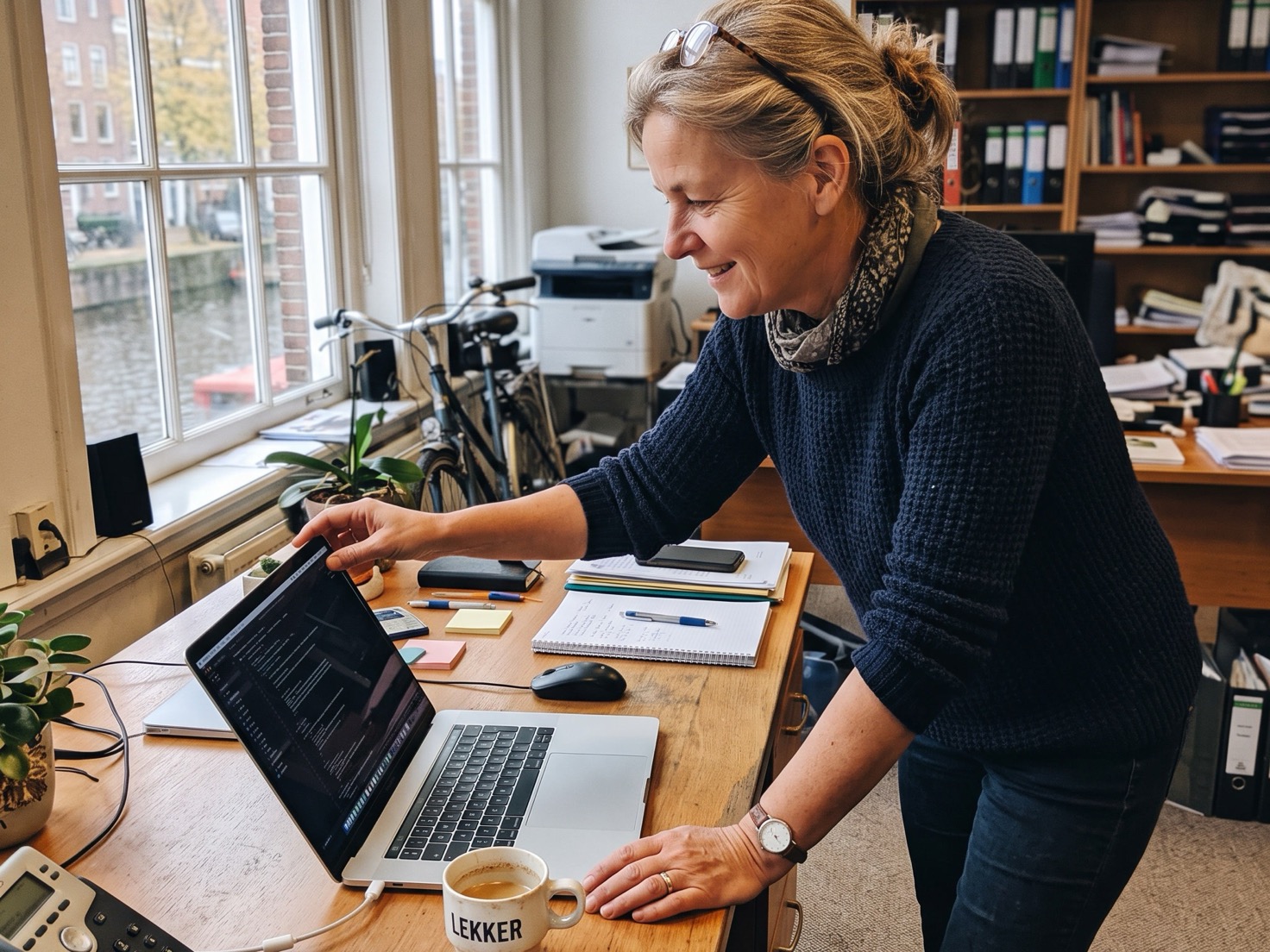 Adviseur werkt achter een laptop op kantoor aan de inhoud van de website
