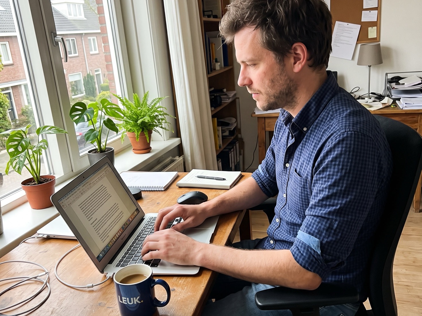 Financieel adviseur achter zijn bureau in een rustig advieskantoor