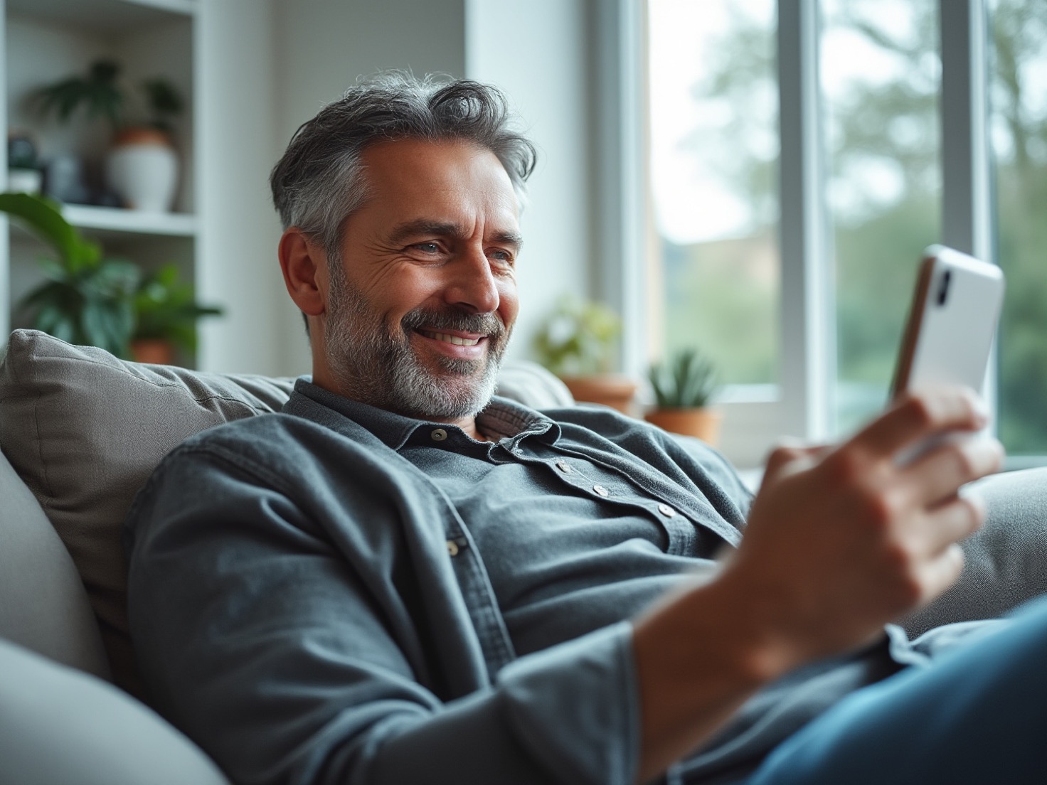 Man leest ontspannen een artikel op zijn telefoon op de bank