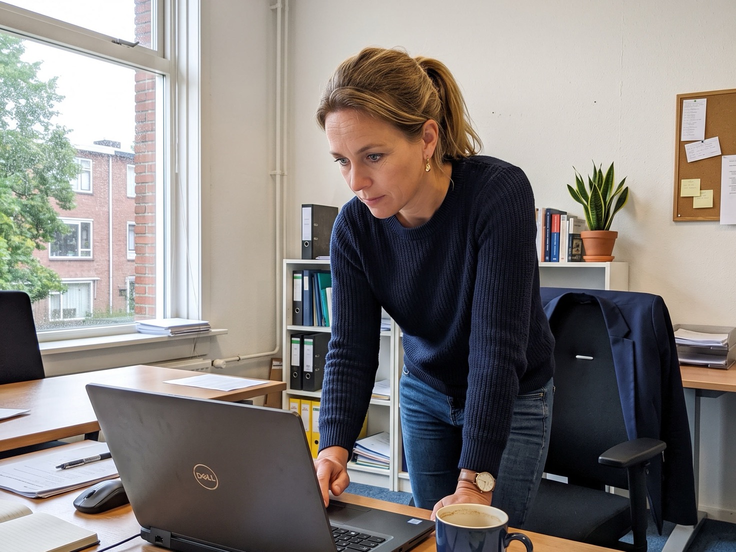 Financieel adviseur werkt geconcentreerd aan een laptop op kantoor