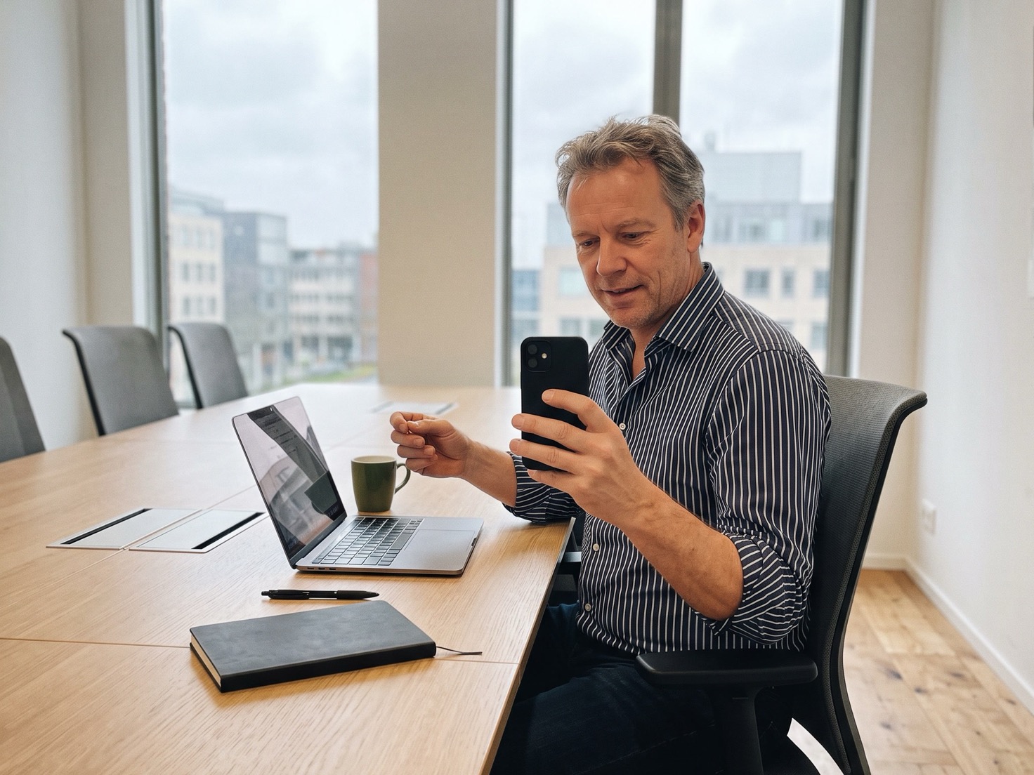 Adviseur werkt achter zijn laptop aan de overlegtafel van een advieskantoor