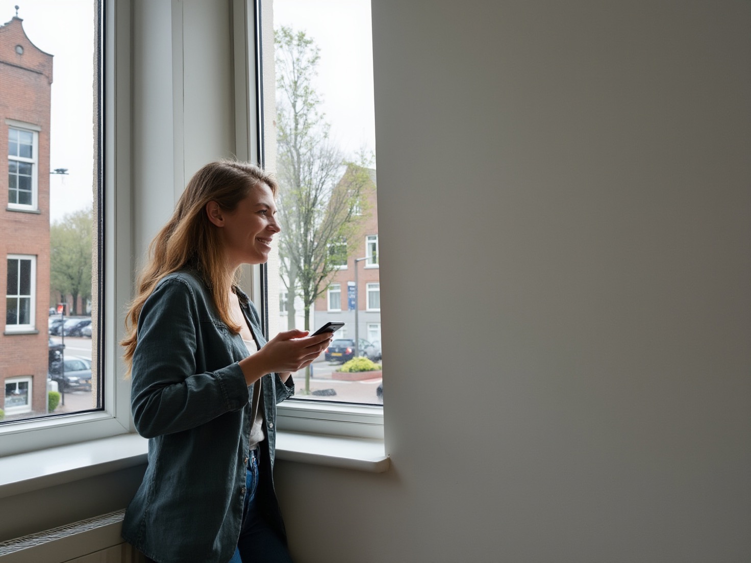Adviseur met telefoon in de hand bij het raam van een rustig kantoor