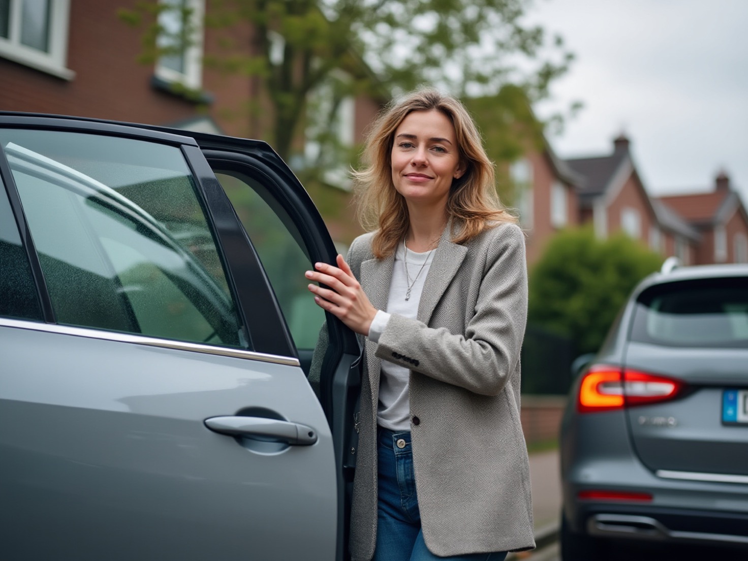Vrouw stapt half uit haar auto in een Nederlandse woonwijk, met een opgeluchte blik