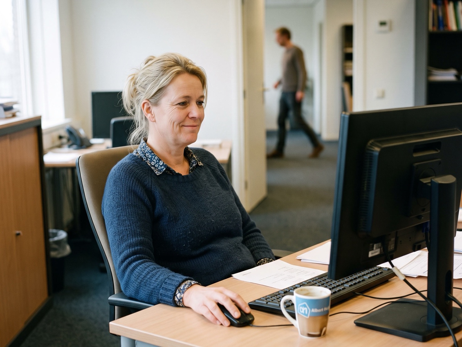 Nederlandse financieel adviseur van begin vijftig leunt achterover in haar bureaustoel in een rustig advieskantoor
