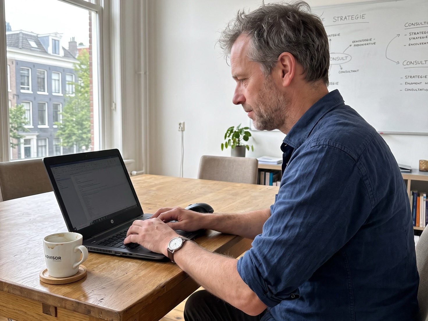 Adviseur werkt achter een laptop aan een overlegtafel in een rustig kantoor, scherm van de camera af