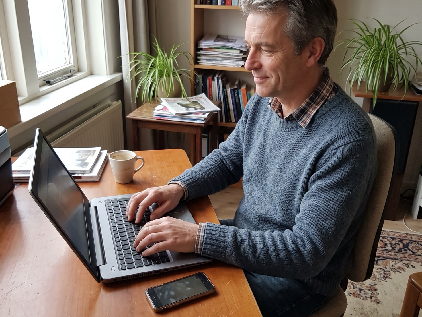 Adviseur werkt rustig door achter zijn laptop, met zijn telefoon binnen handbereik naast het toetsenbord