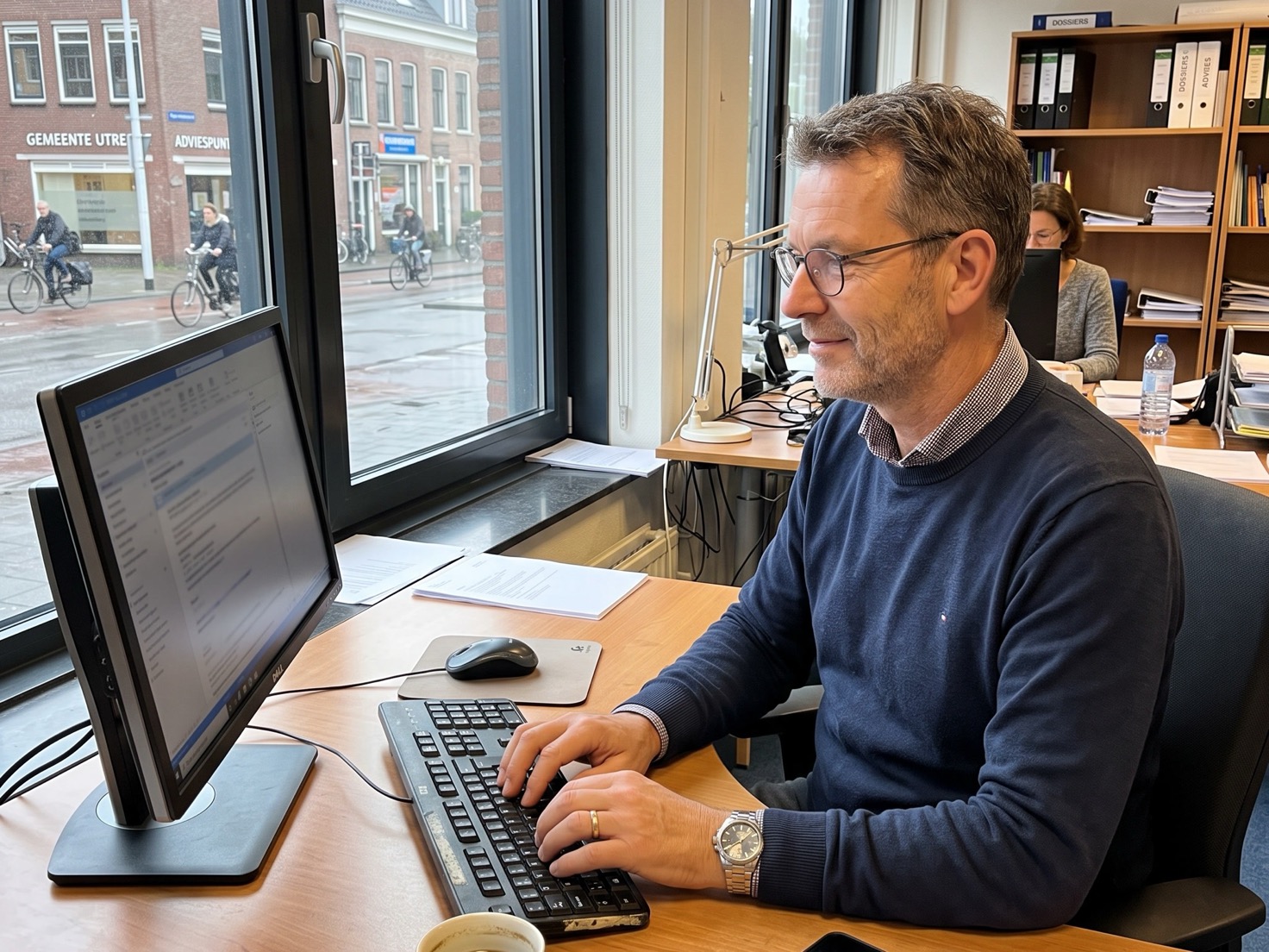 Adviseur typt aan zijn bureau bij het raam van een advieskantoor