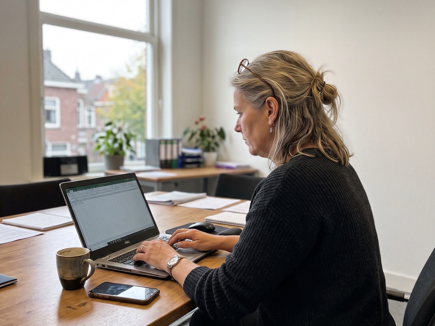 Financieel adviseur werkt achter haar laptop aan een overlegtafel in een rustig advieskantoor
