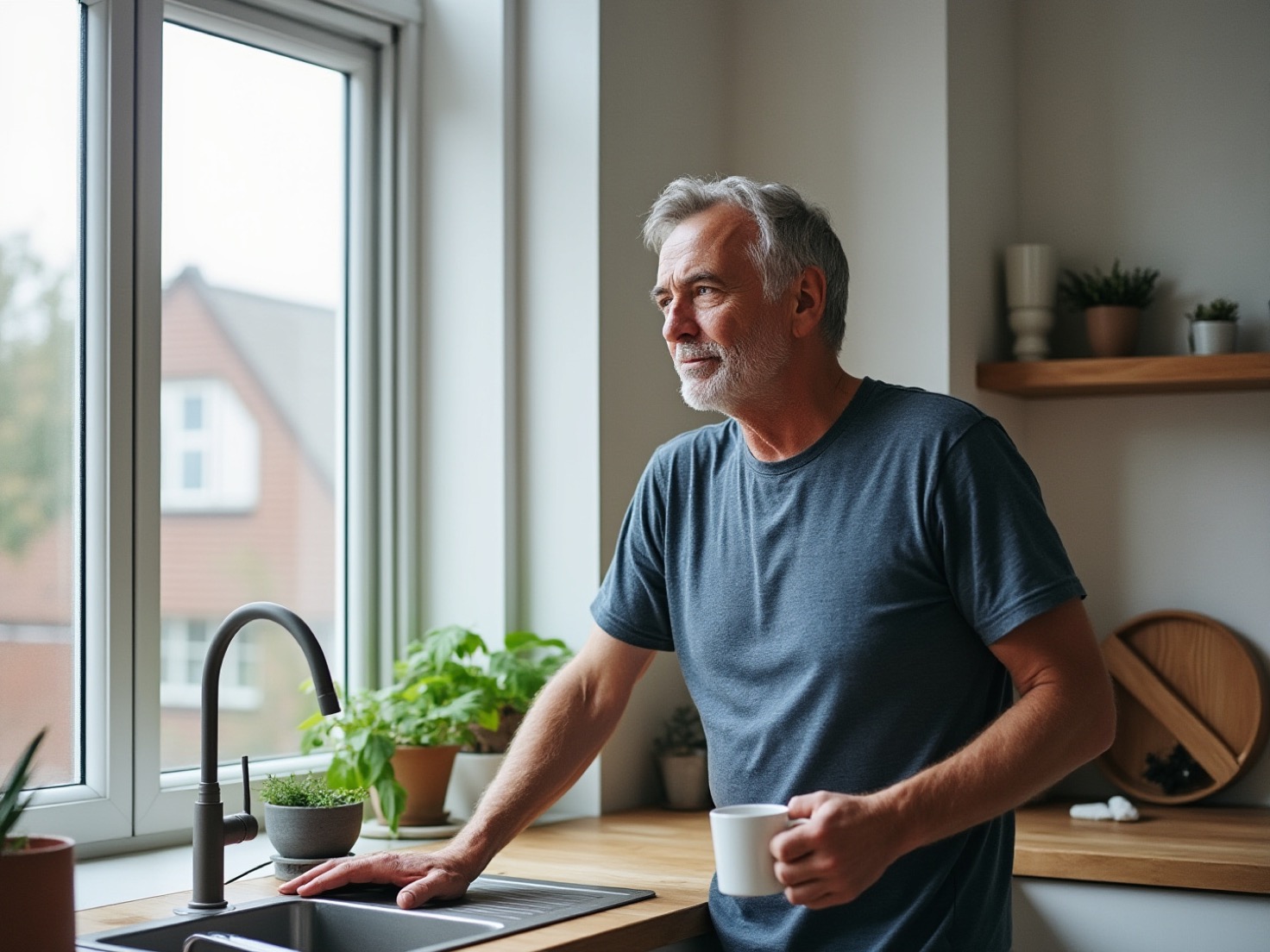 Man van middelbare leeftijd zet een mok neer in zijn keuken en kijkt bedachtzaam naar buiten
