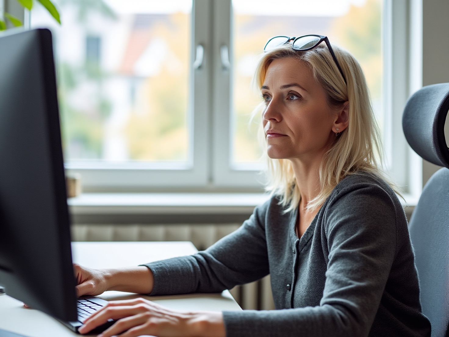 Financieel adviseur werkt aan een computer in een licht advieskantoor