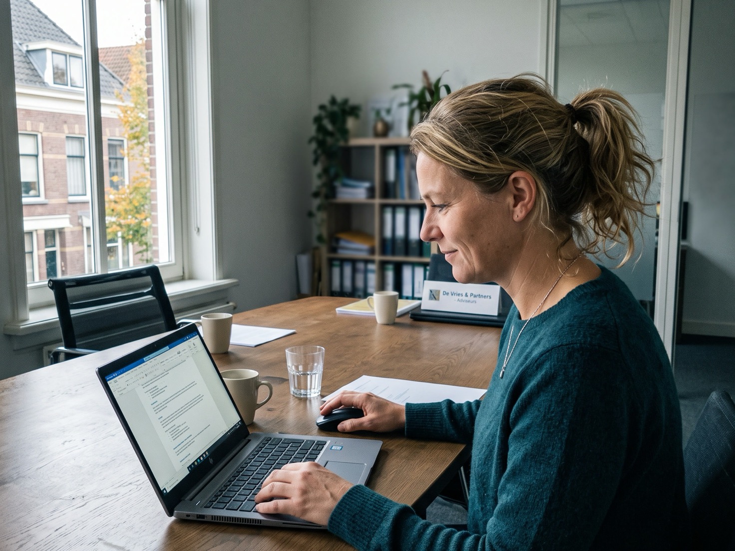 Financieel adviseur werkt aan een laptop in een rustig advieskantoor
