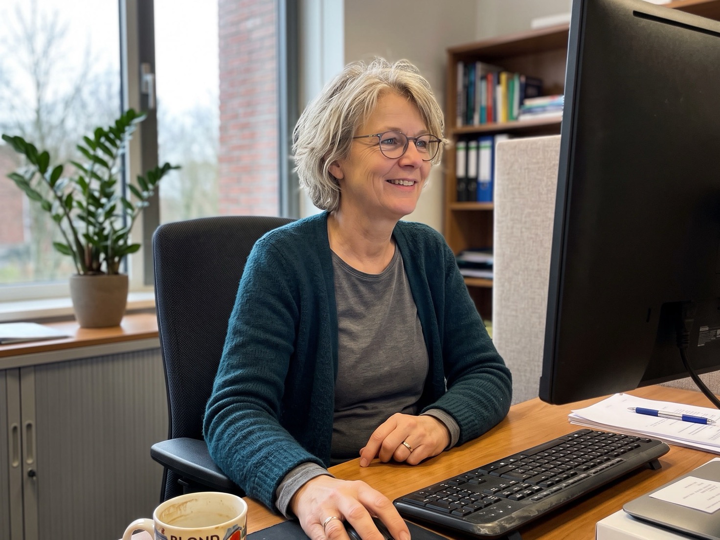 Financieel adviseur werkt aan een bureau in een rustig advieskantoor