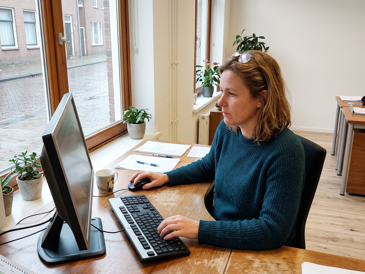 Financieel adviseur werkt geconcentreerd achter haar bureau bij het raam van een advieskantoor