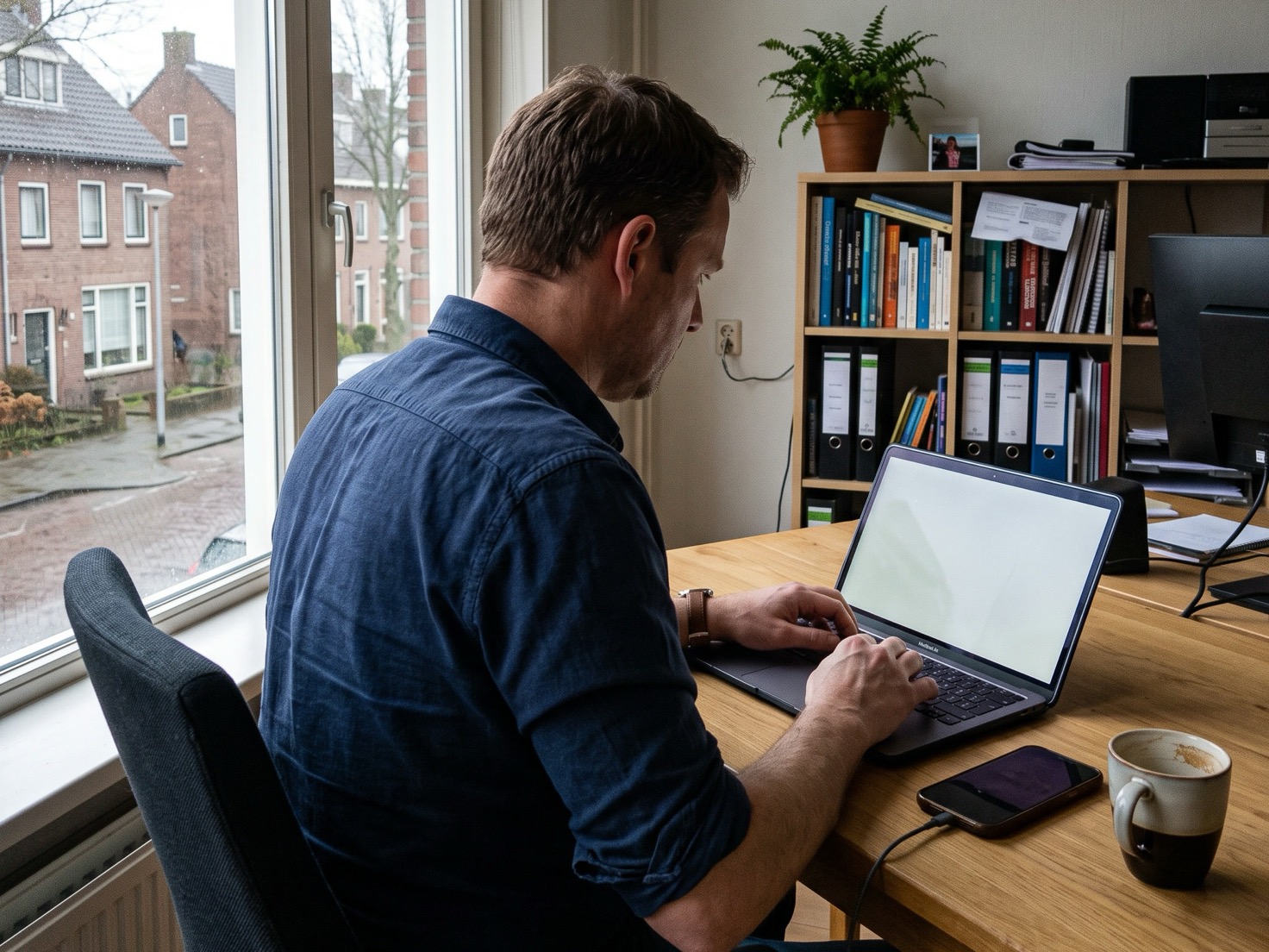 Financieel adviseur achter zijn bureau, bezig met het advies voor een emigrerende klant