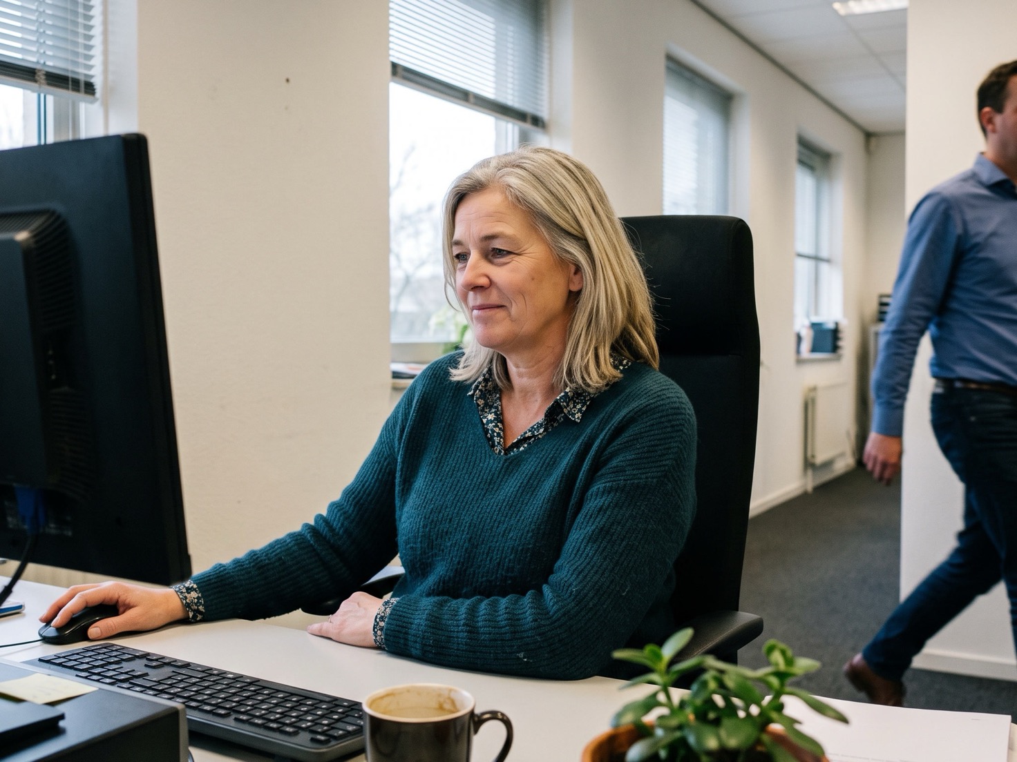 Financieel adviseur leunt achterover aan haar bureau in een rustig Nederlands advieskantoor