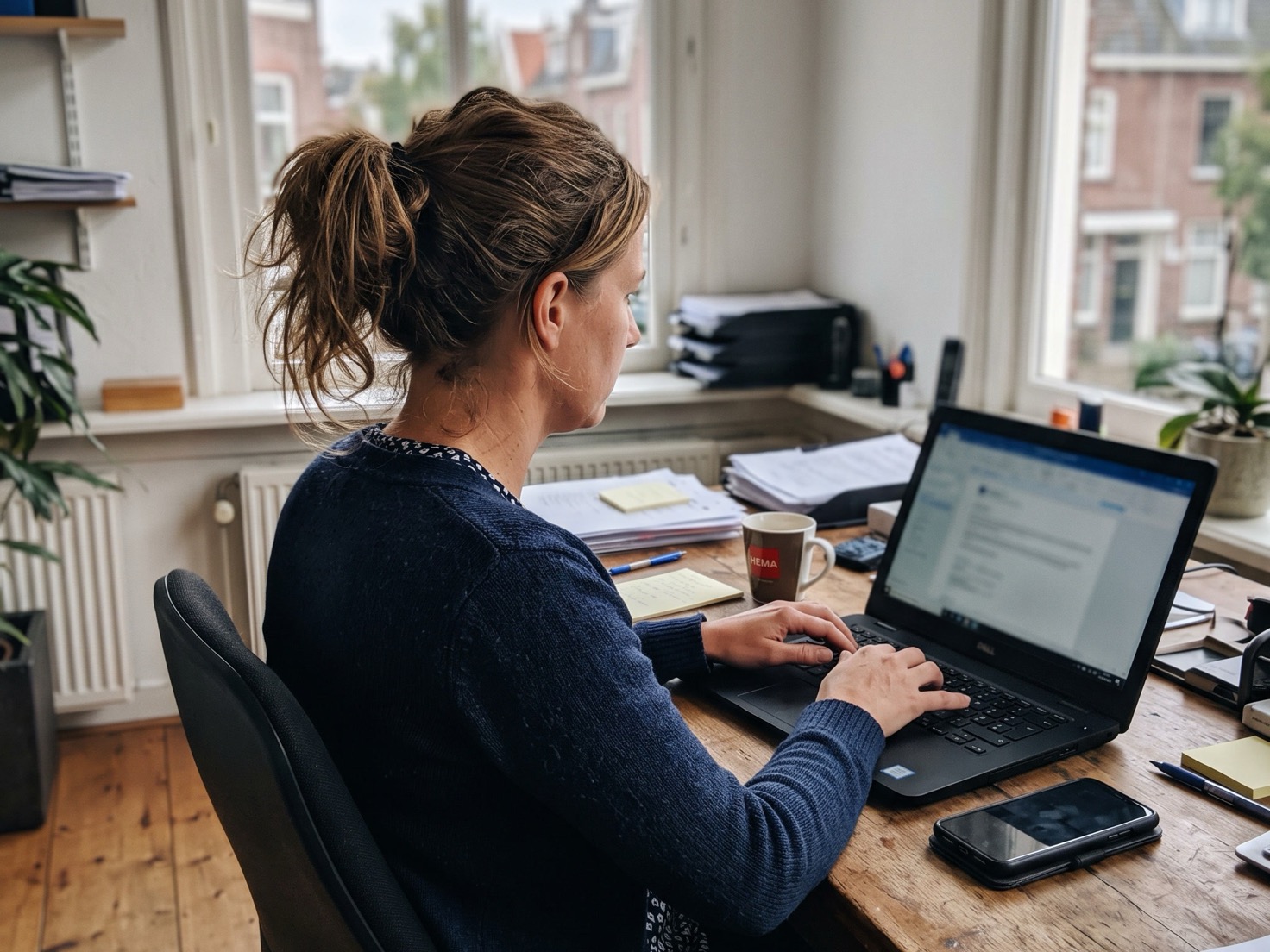 Vrouw van middelbare leeftijd werkt achter haar bureau in een advieskantoor tijdens een telefoongesprek, deur open op de achtergrond