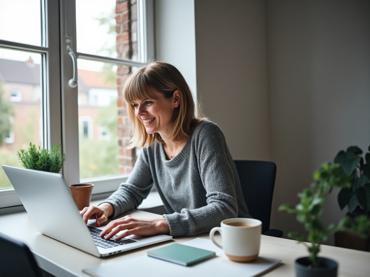 Adviseur werkt aan de details van haar website op een laptop in een Nederlands advieskantoor