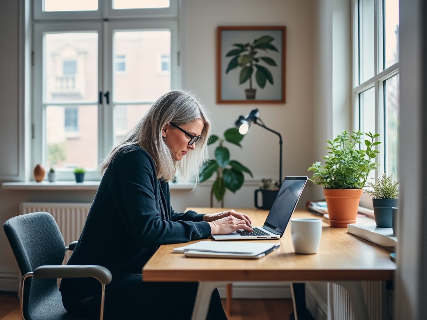 Financieel adviseur werkt aan een gastartikel achter haar laptop in een licht kantoor
