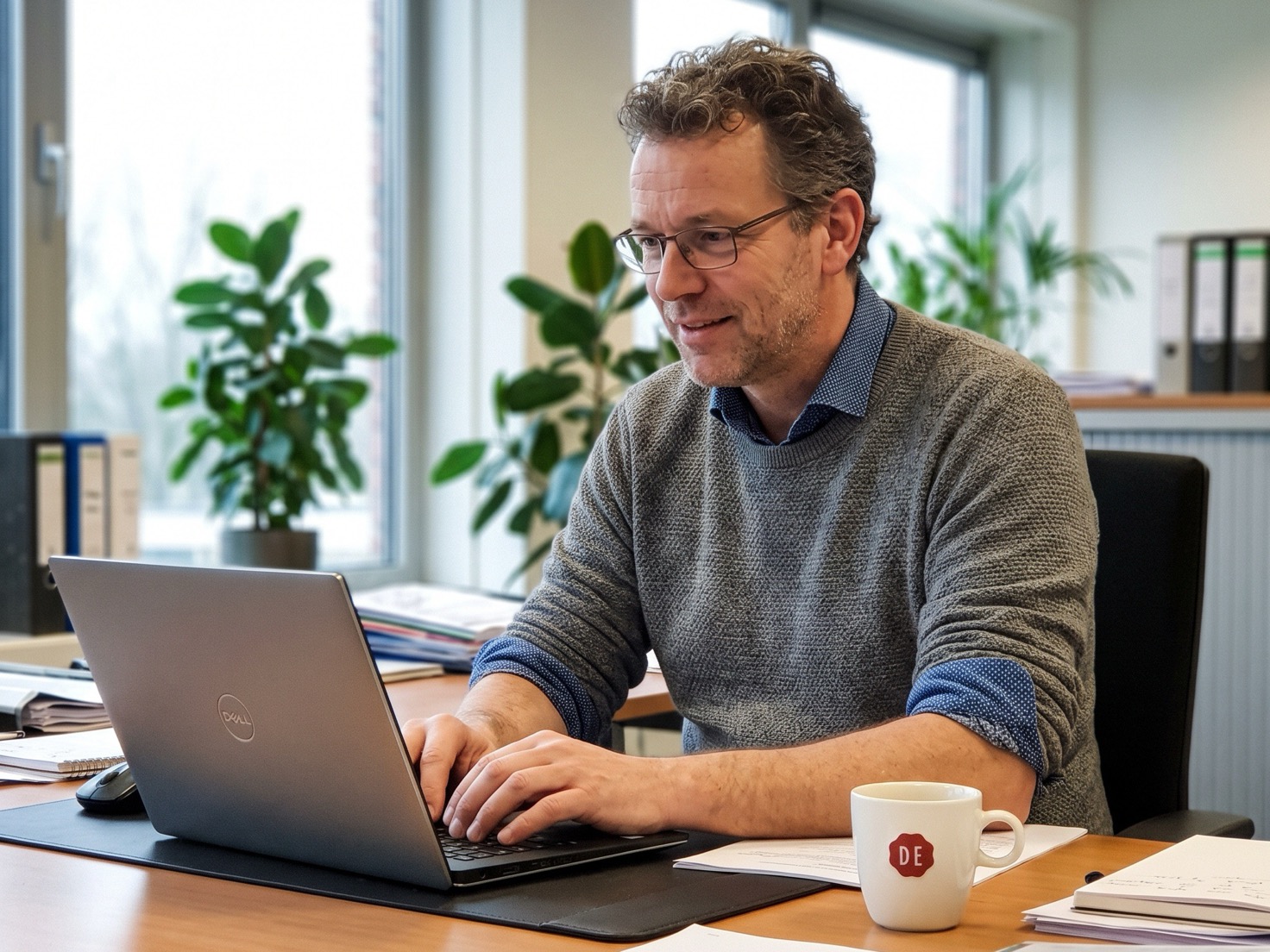 Financieel adviseur bereidt een gastles voor achter zijn bureau