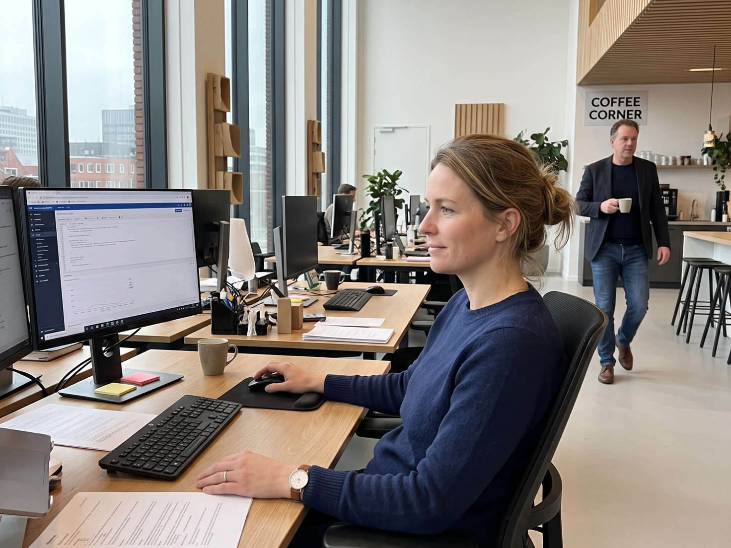 Financieel adviseur test haar website achter haar bureau in een rustig advieskantoor