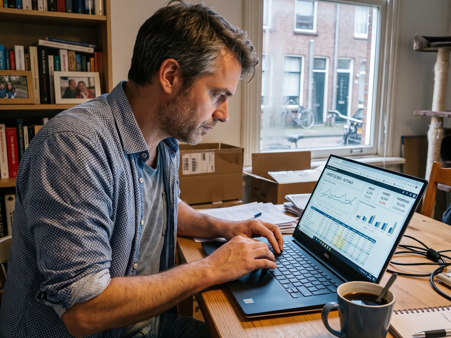 Adviseur bekijkt geconcentreerd een dashboard op zijn laptop in een rustig kantoor